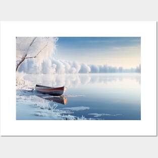 Lake Boat In Winter Serene Landscape Posters and Art